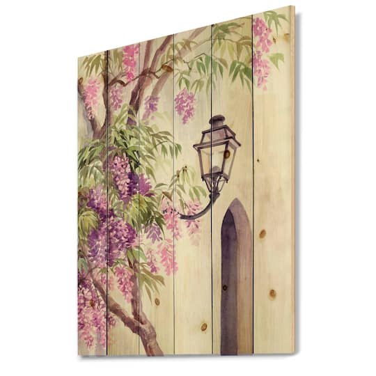 Designart - Wisteria and Lantern - Traditional Print on Natural Pine Wood